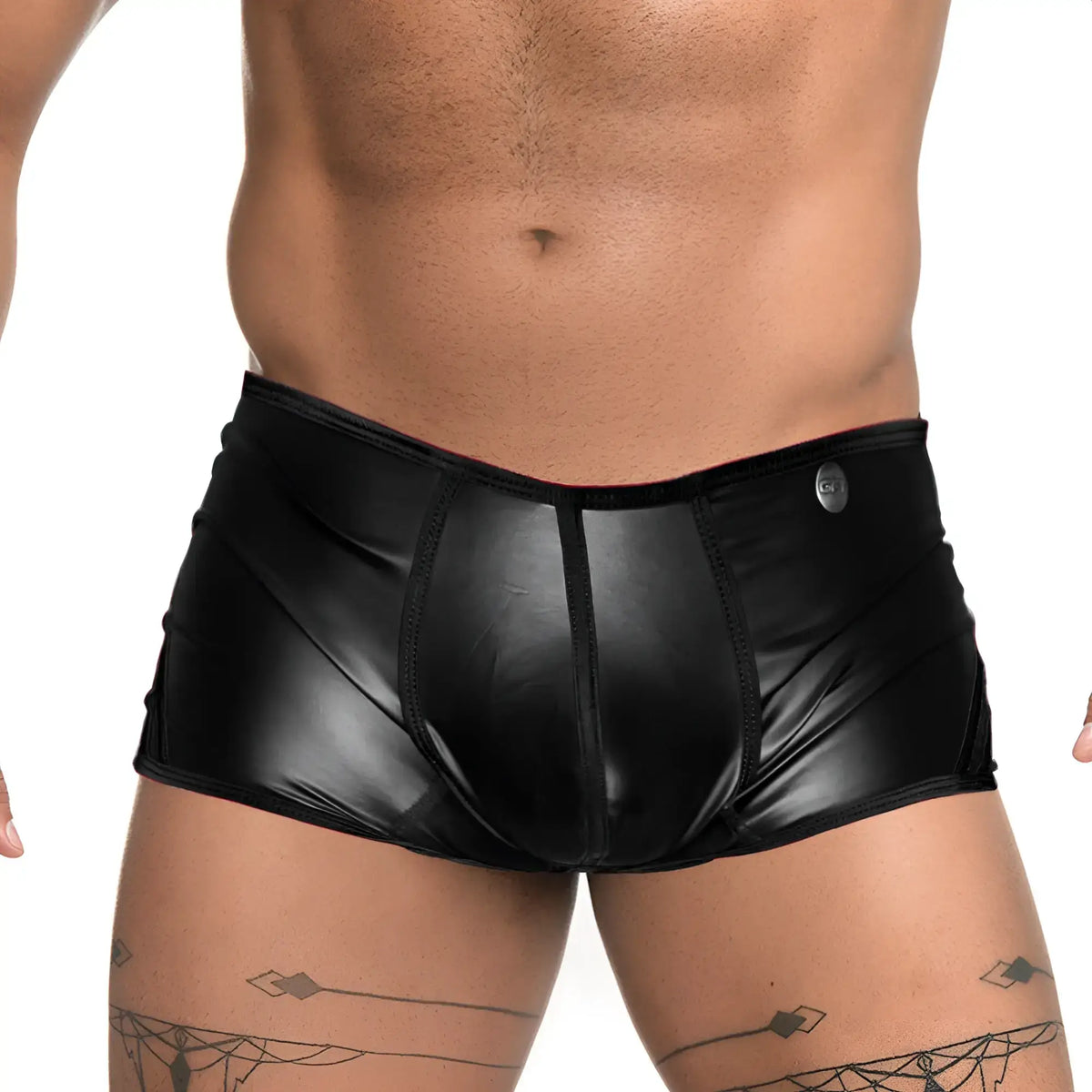 Gigo Fetiche black trunk shiny faux leather briefs with sleek form fitting design and silver button on the waistband