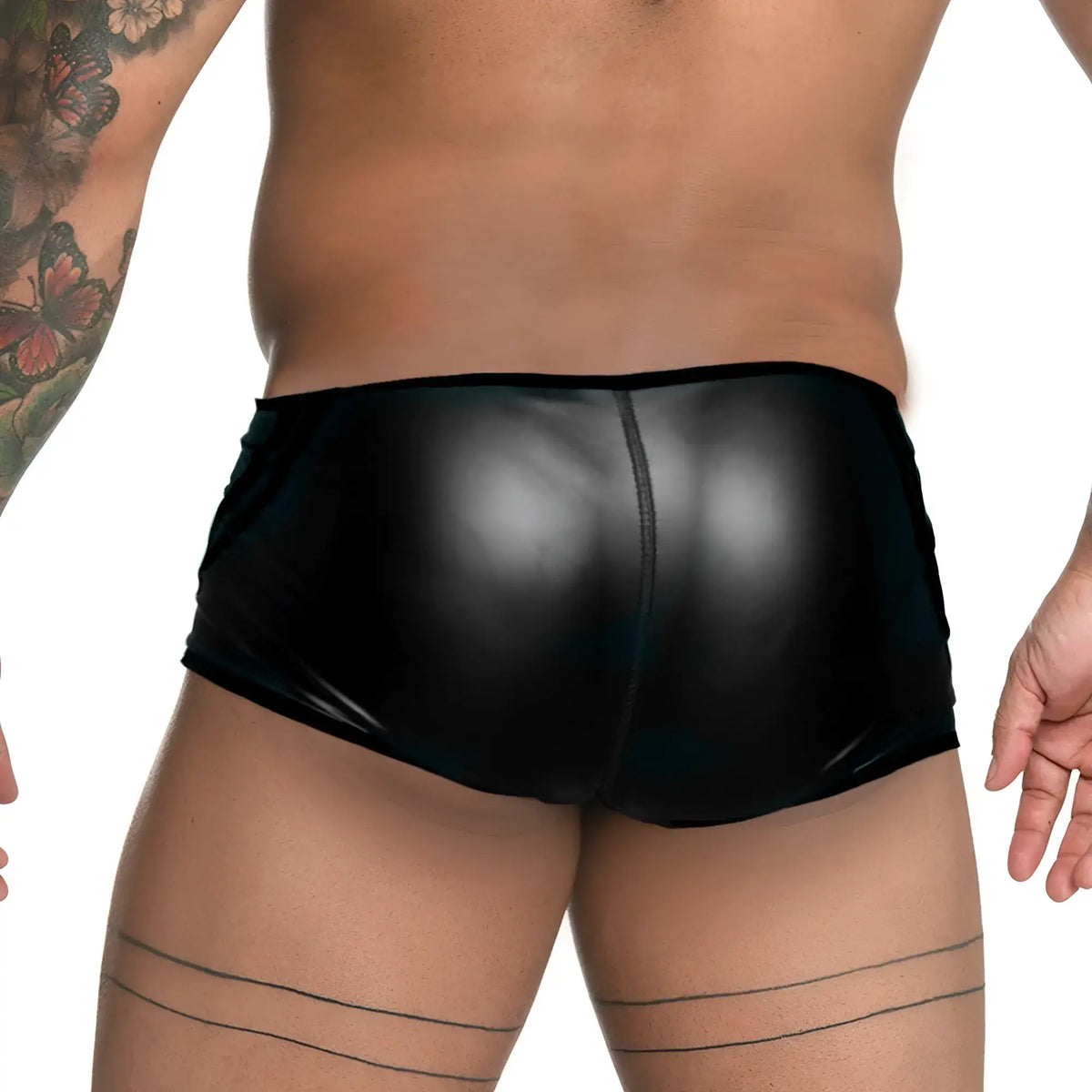 Black shiny faux leather briefs with a central seam from gigo fetiche black trunk collection
