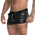 Black patent leather Gigo Fetiche shorts with silver front zipper and elastic waistband with get branding
