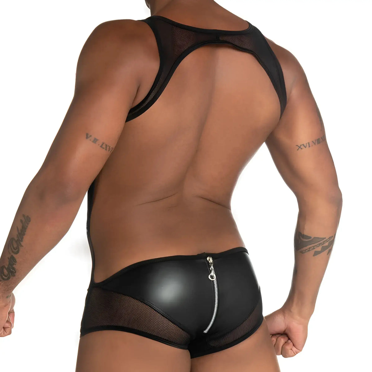 Back view of gigo fetiche black zipper singlet made of black mesh and faux leather with central zipper closure