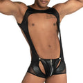 Black latex bodysuit with mesh panels and front zipper from Gigo Fetiche perfect for fetish wear and clubbing