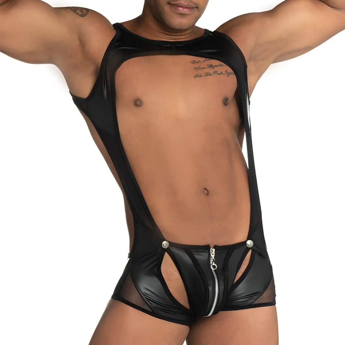 Black latex bodysuit with mesh panels and front zipper from Gigo Fetiche perfect for fetish wear and clubbing
