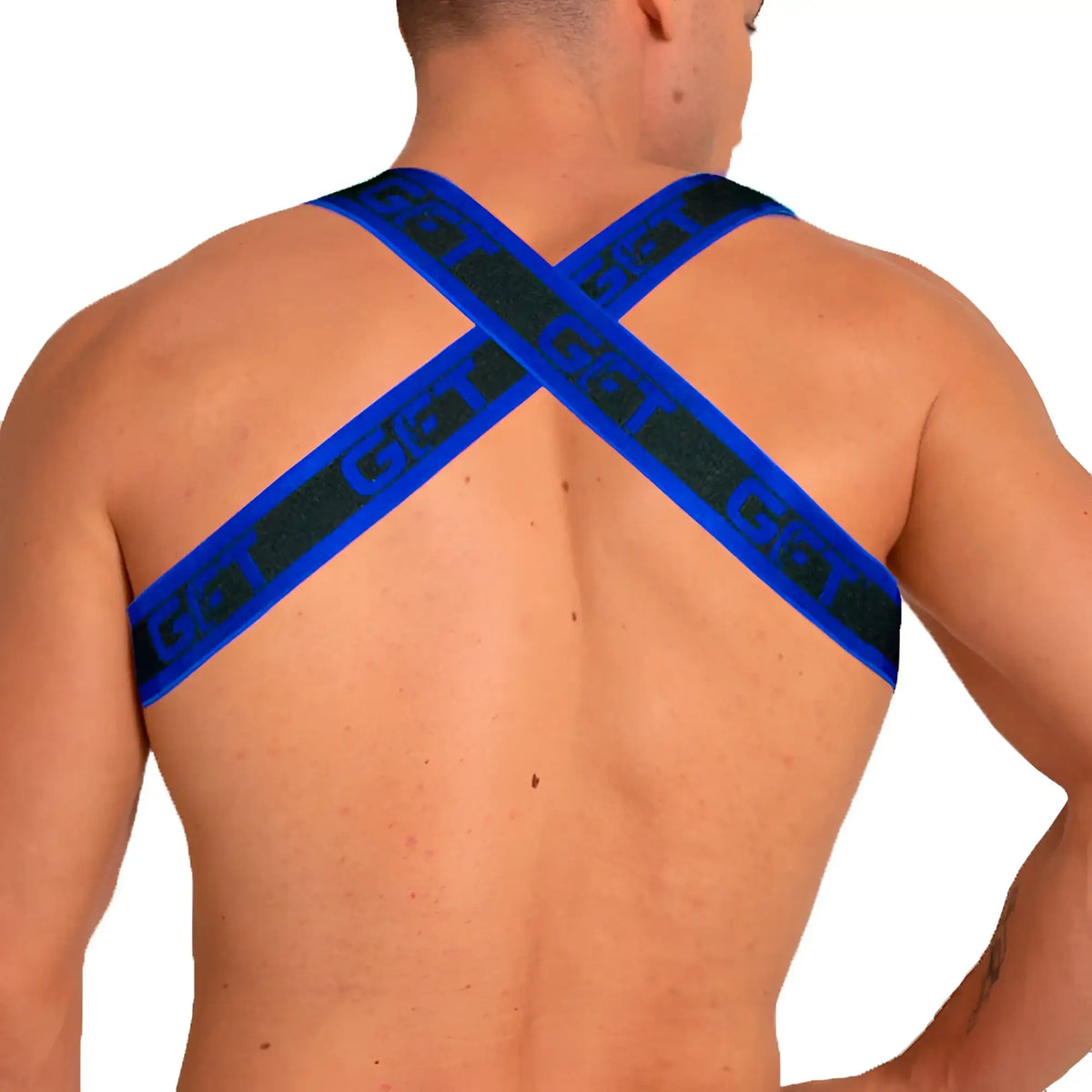 Blue and black cross-back support belt with repeating gat branding shown from the back for gigo fetiche harness