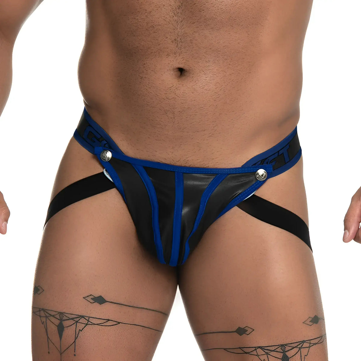 Blue and black leather thong jockstrap with silver snap closures from gigo fetiche shown from the back side