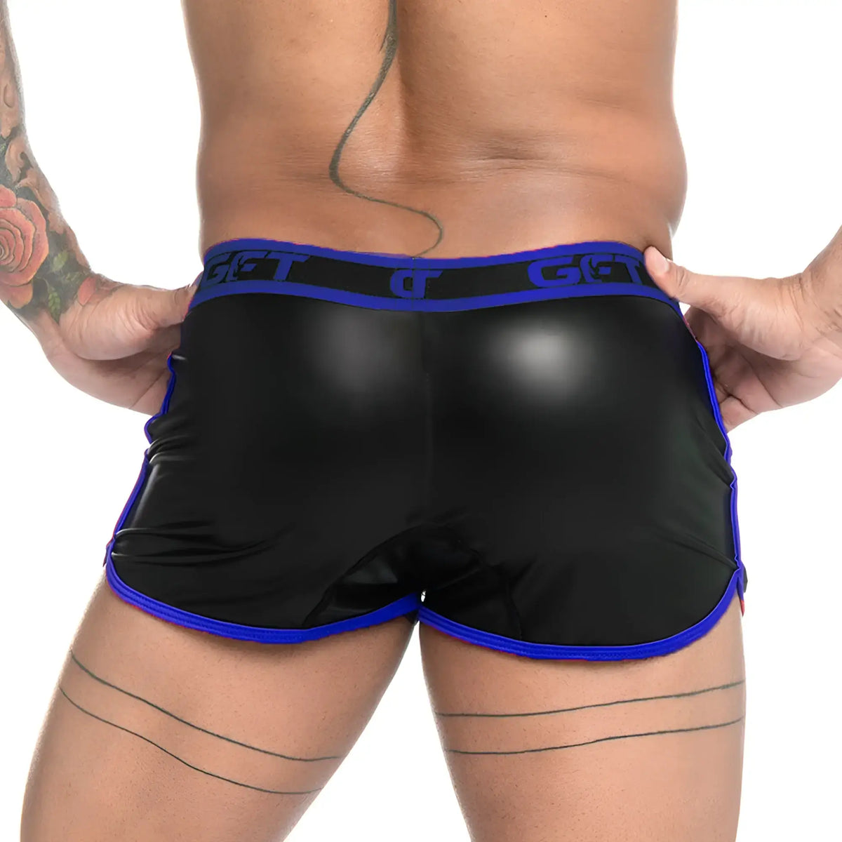 Black glossy gigo fetiche blue short with blue trim and matching elastic waistband featuring get logo