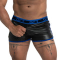 Black patent leather shorts with bold blue trim and matching waistband featuring get logo called gigo fetiche blue short