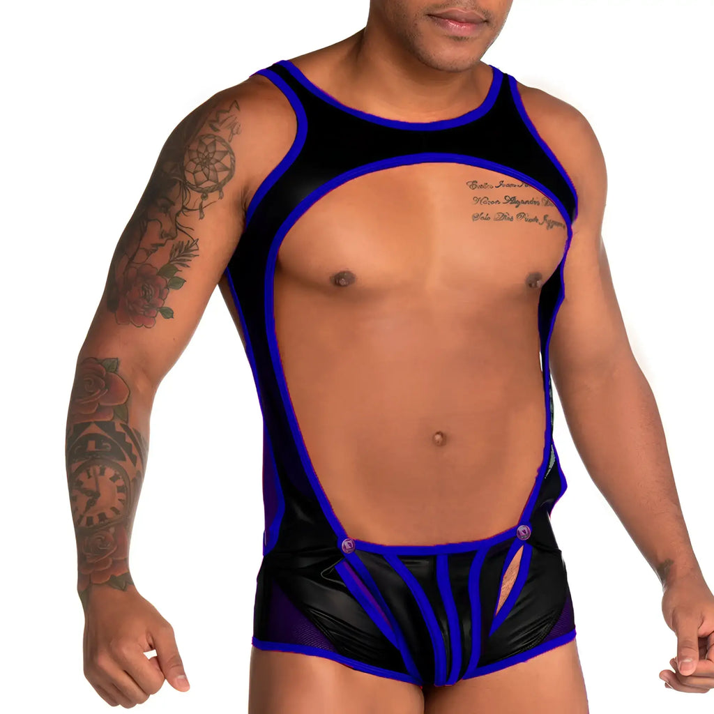 Black and blue latex bodysuit with mesh panels and cutout design from gigo fetiche blue singlet collection