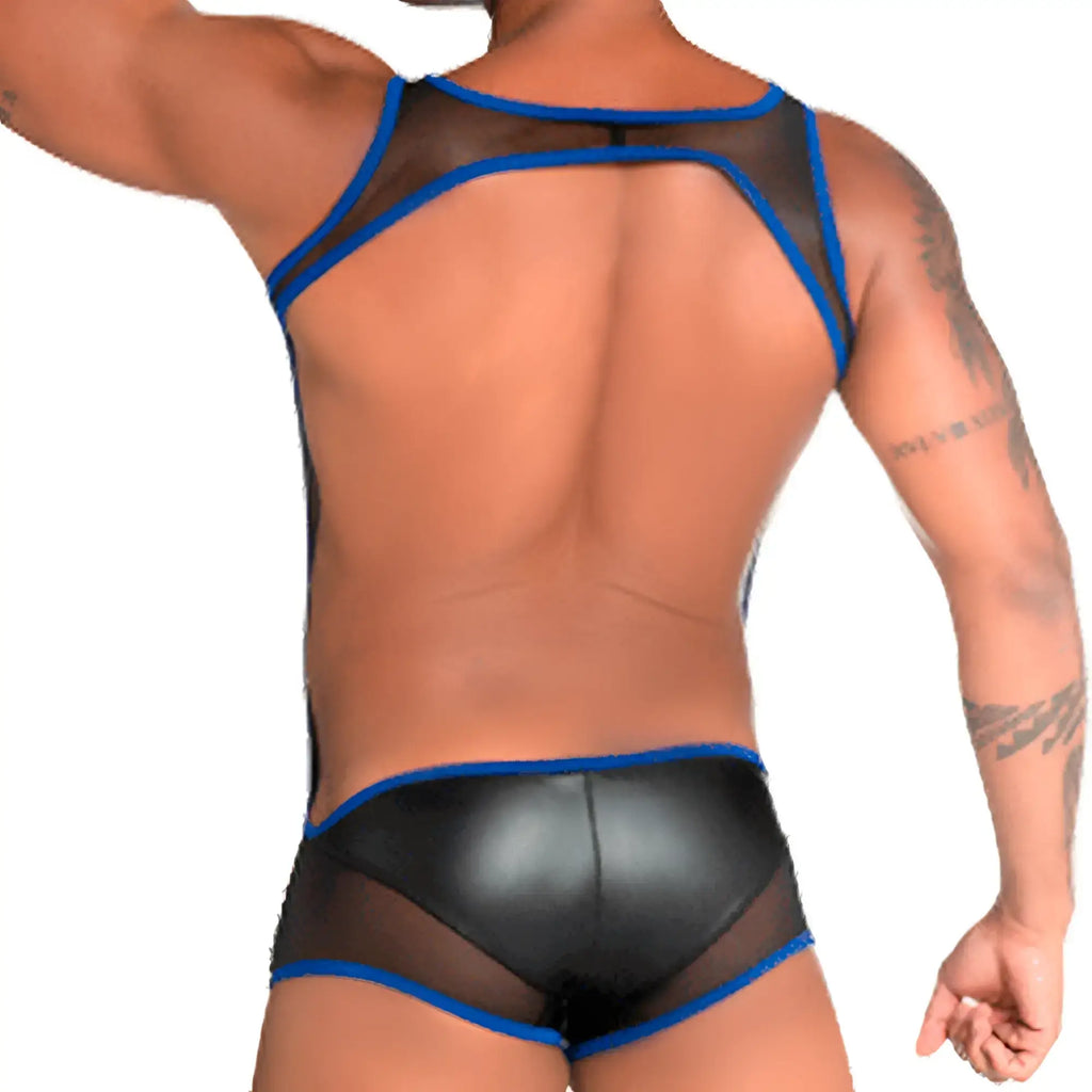 Black and blue mesh-backed menÃ¢â‚¬â„¢s briefs with shiny faux-leather front panel from gigo fetiche blue singlet collection