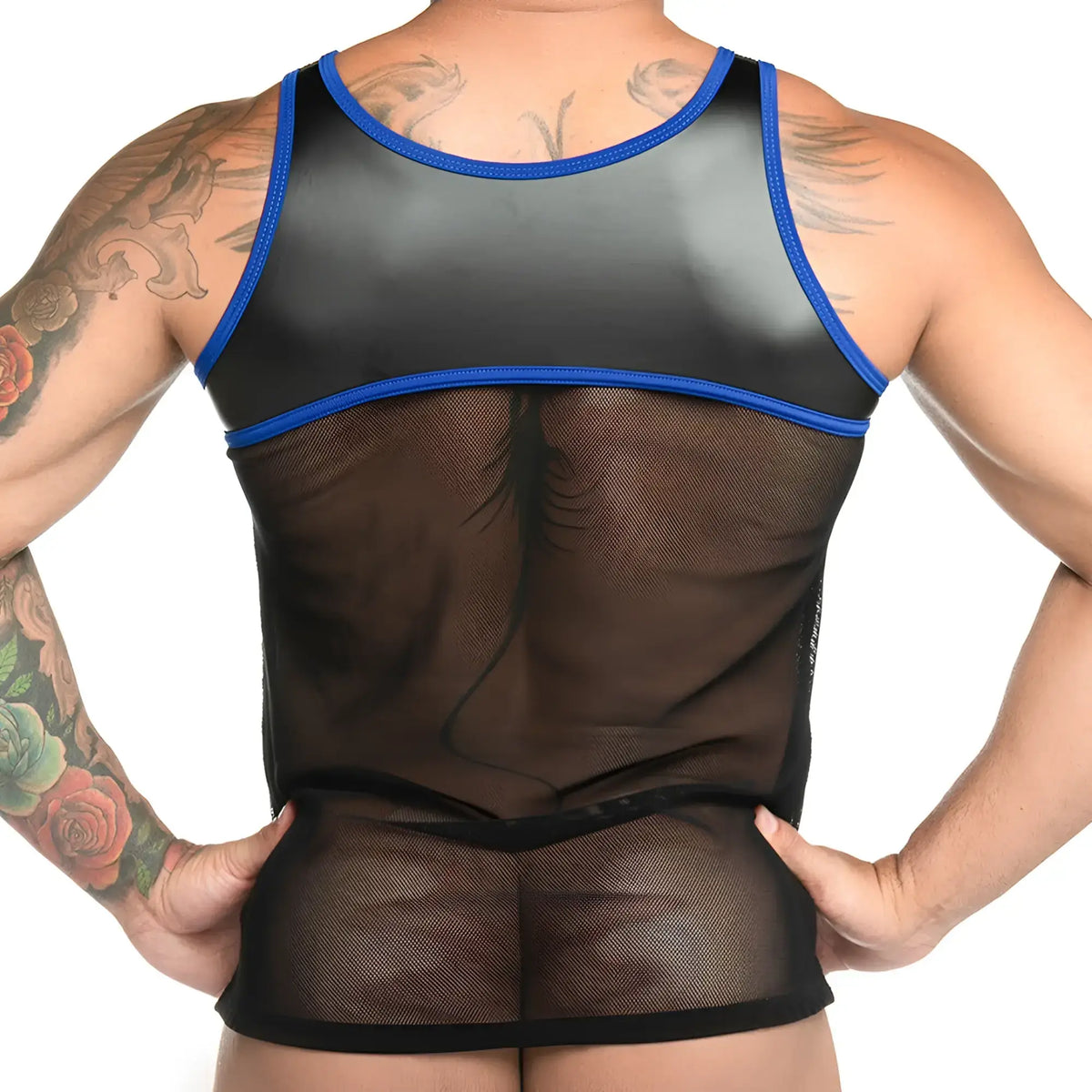 Black mesh tank top with blue trim gigo fetiche blue tank featuring breathable mesh fabric and contrast edging
