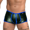 Shiny black patent leather briefs with bold blue trim and a silver button at the waistband called gigo fetiche blue trunk
