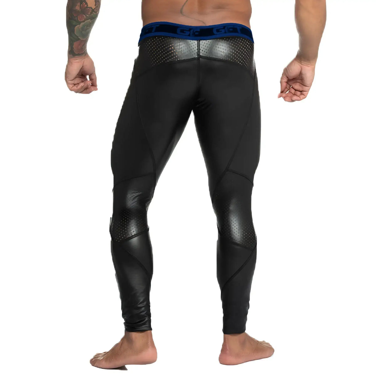 Black gigo fetiche blue zipper leggings with glossy finish perforated panels and contrasting blue waistband