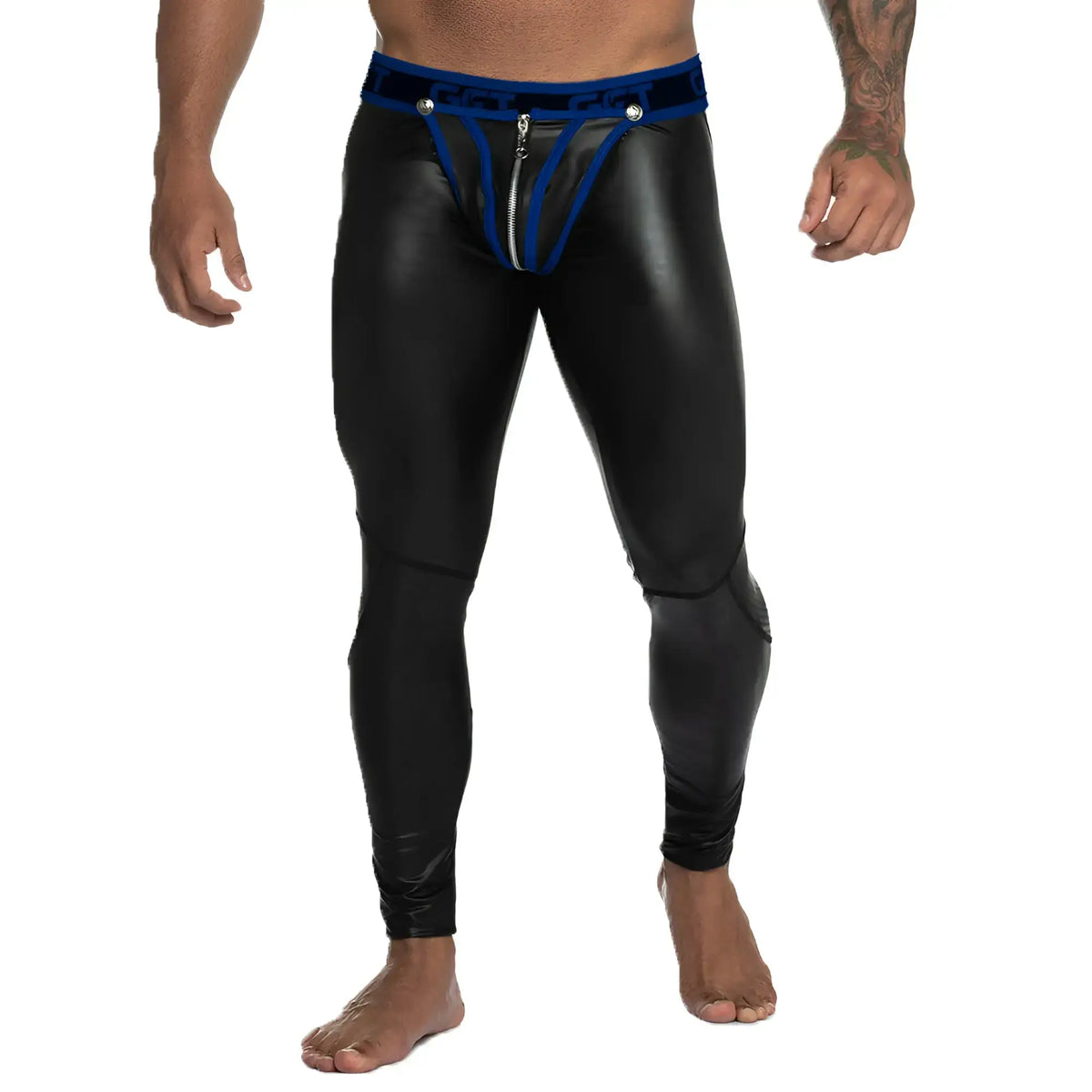 Black patent leather leggings with blue elastic waistband and front zipper detail from gigo fetiche blue zipper leggins
