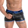 Black patent leather Gigo Fetiche blue zipper shorts with bold blue trim and get logo on the waistband