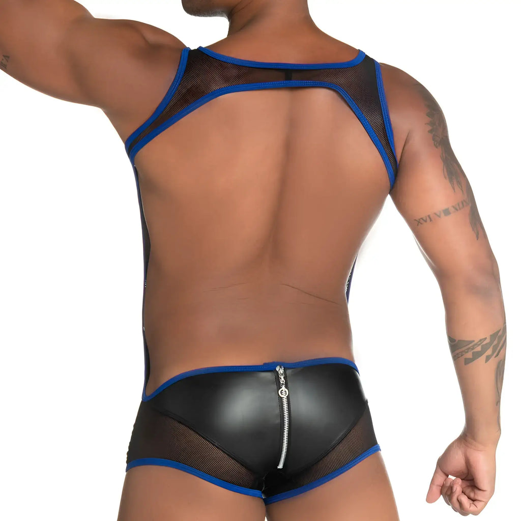 Black and blue mesh bodysuit with back zipper showing the Gigo Fetiche Blue Zipper Singlet design
