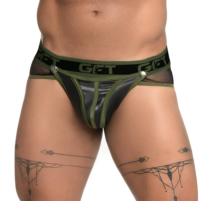 Olive green and black gigo fetiche brief jockstrap with mesh trim shiny faux leather front and silver button accents