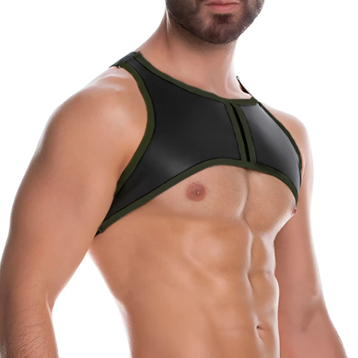 Black and olive green leather harness top gigo fetiche green harness with a sleek form-fitting design