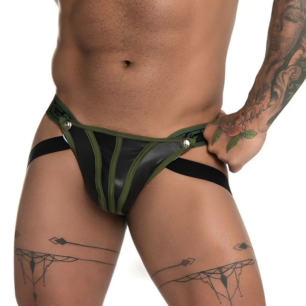 Gigo fetiche green jockstrap in black and olive green leather-like briefs with silver-toned button closures