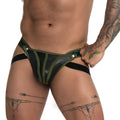 Gigo fetiche green jockstrap in black and olive green leather-like briefs with silver-toned button closures