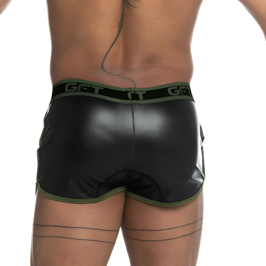 Black glossy latex shorts with olive green trim and matching gct logo waistband from Gigo Fetiche Green Short
