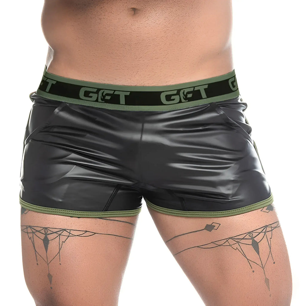 Gigo Fetiche green short black patent leather shorts with olive green elastic waistband and trim featuring a glossy finish