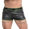 Gigo Fetiche green short black patent leather shorts with olive green elastic waistband and trim featuring a glossy finish