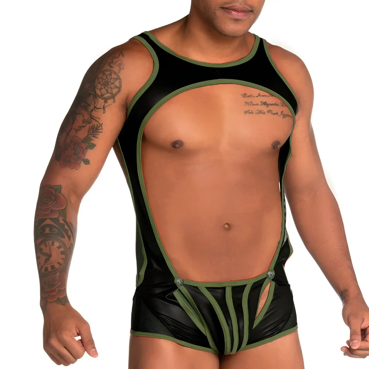 Black and olive green latex bodysuit with cutout design from gigo fetiche green singlet collection