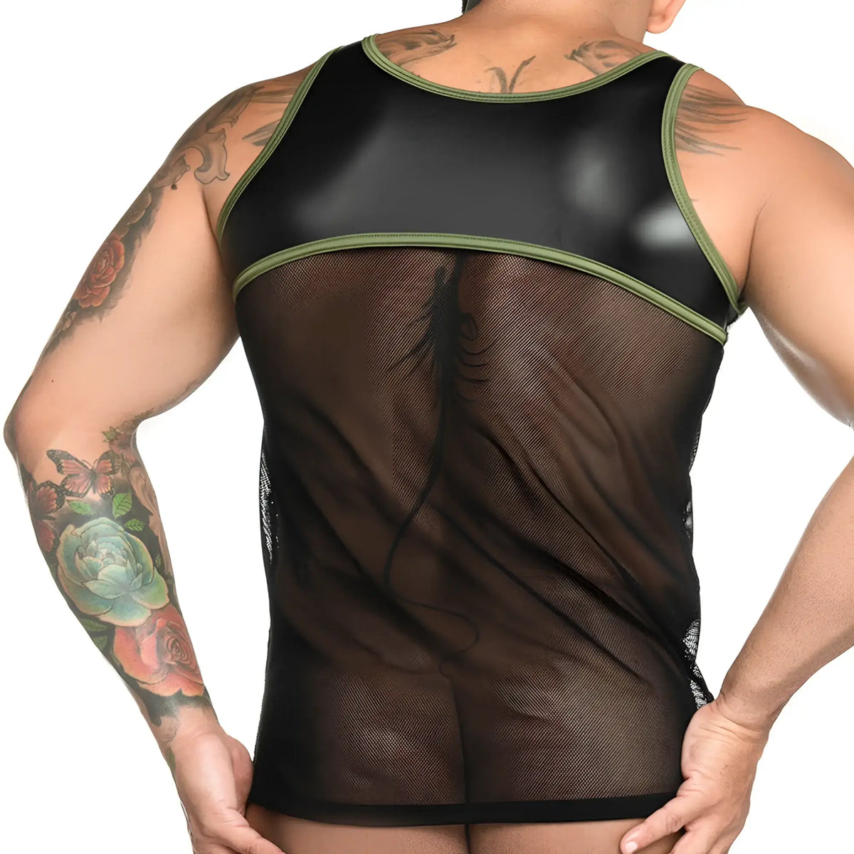 Black mesh tank top with glossy black and olive green trim showing the front of the gigo fetiche green tank