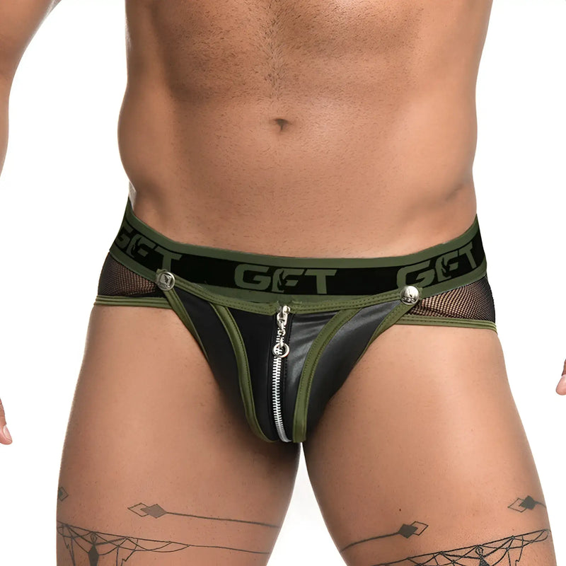 Olive green and black leather thong brief jockstrap with mesh sides and front zipper closure gigo fetiche green zipper