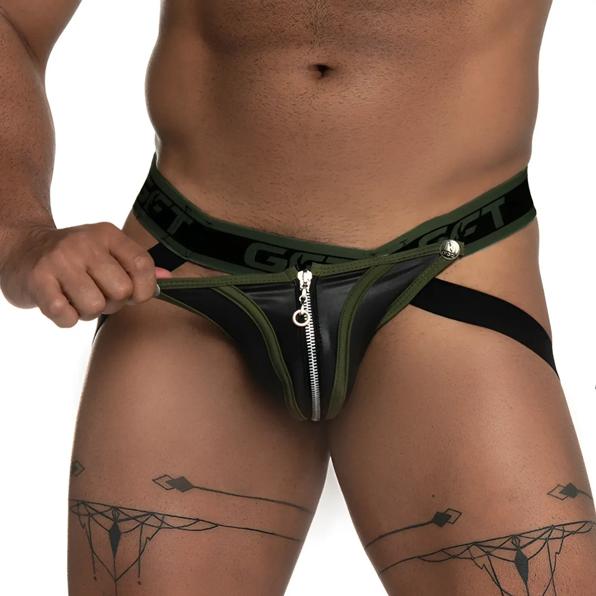 Black and olive green leather-like Gigo Fetiche zipper jockstrap with a silver front zipper for fetiche wear
