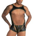 Black and olive green latex bodysuit with central zipper and side straps from Gigo Fetiche green zipper singlet