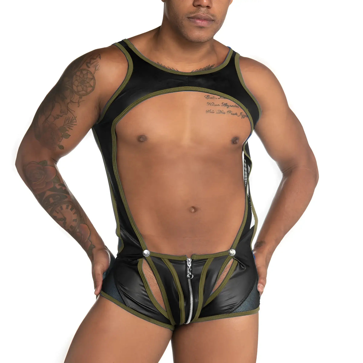 Black and olive green latex bodysuit with central zipper and side straps from Gigo Fetiche green zipper singlet