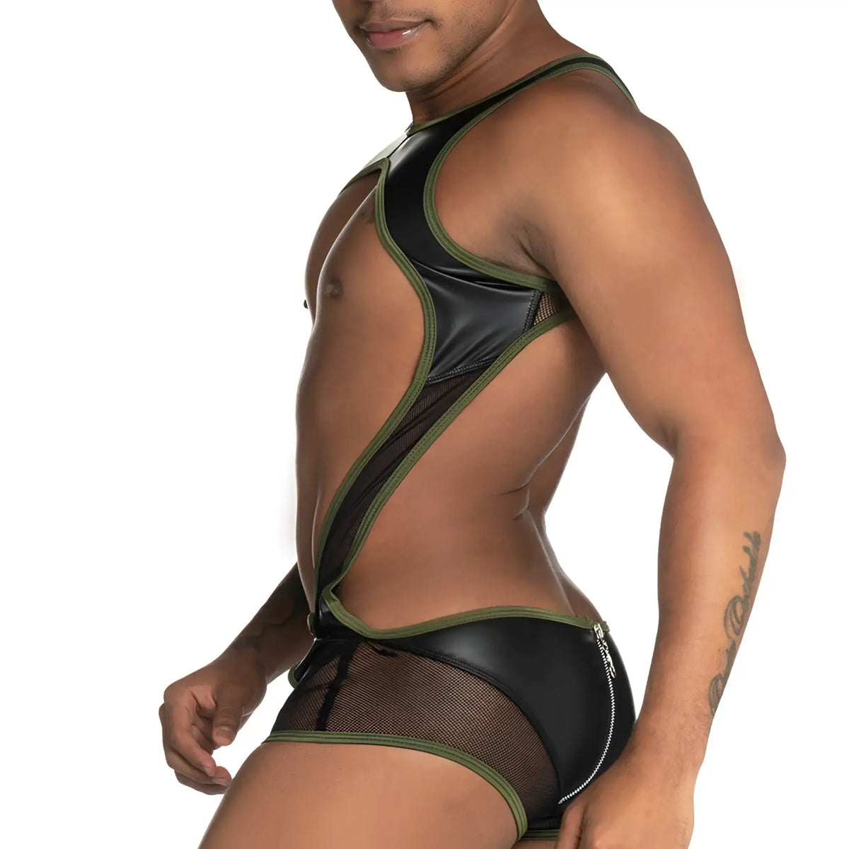 Black and olive green faux leather bodysuit with mesh panels featuring a green zipper singlet design