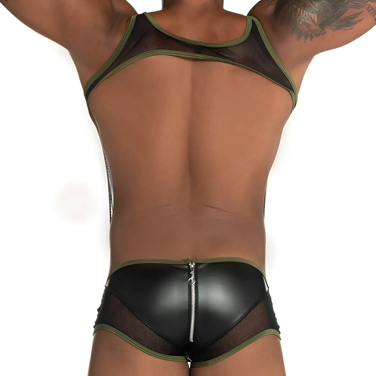 Back side of gigo fetiche green zipper singlet black and olive green mesh and faux leather bodysuit with central zipper