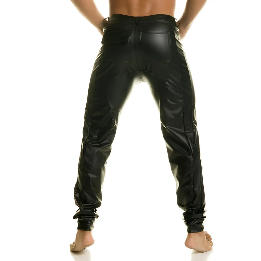Black shiny faux leather gigo fetiche pants with slim fit and cuffed ankles