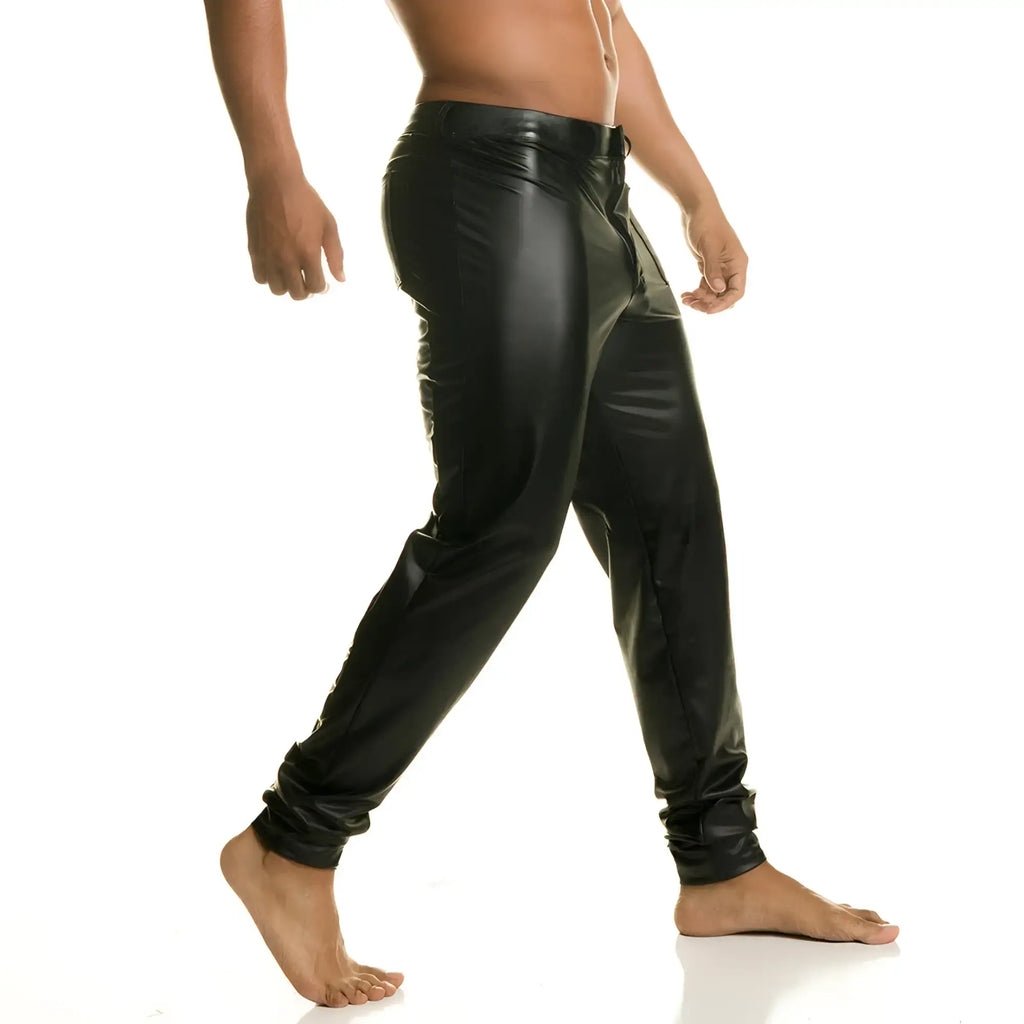 Black shiny faux leather joggers with elastic cuffs from gigo fetiche pants collection