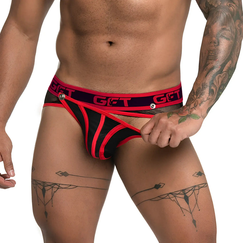 Gigo Fetiche red brief jockstrap in black and red stripes with mesh panel and bold get branded waistband