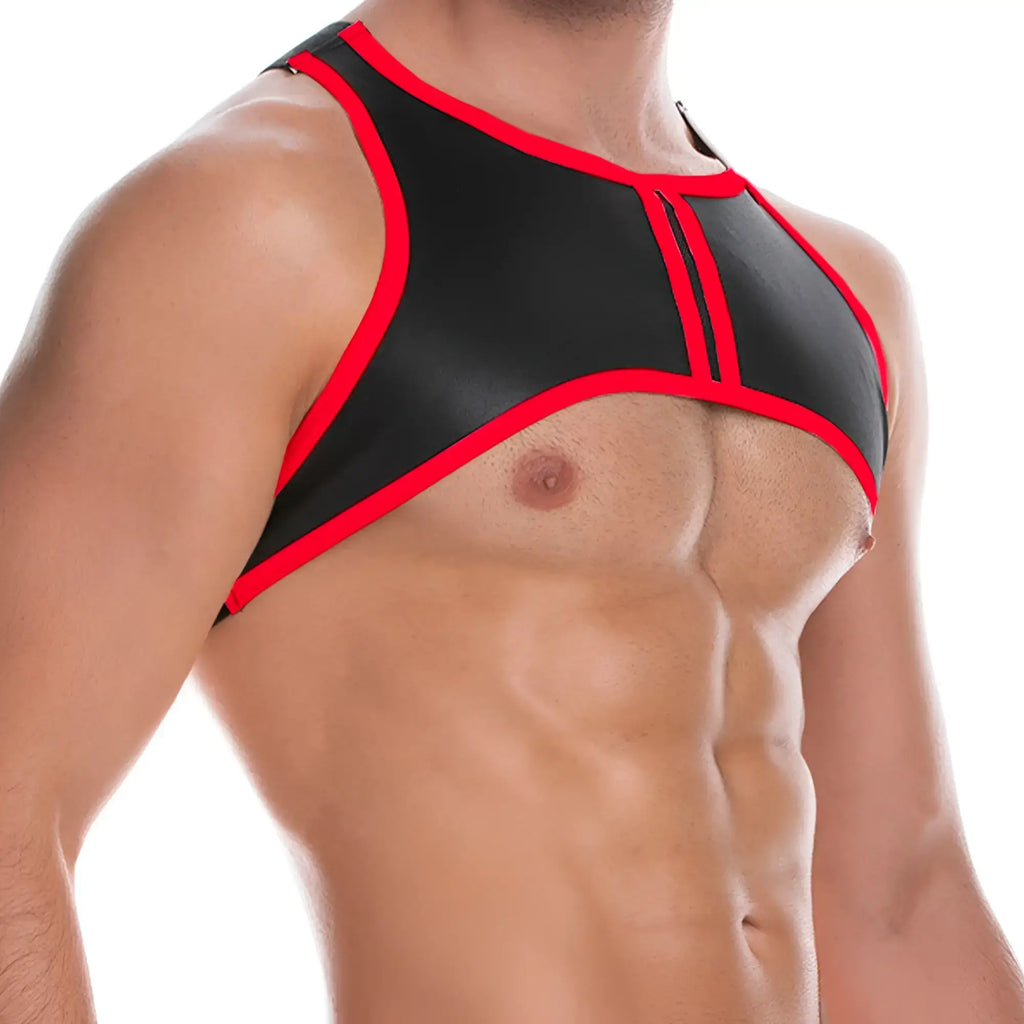Black and red latex chest harness with bold contrast trim from gigo fetiche red harness collection