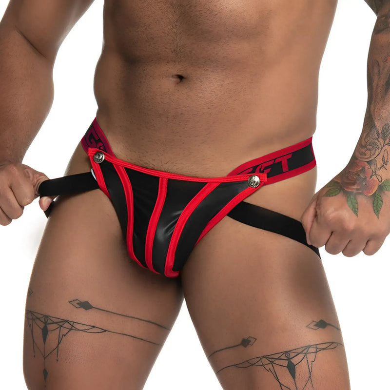 Red and black striped latex briefs with silver snap closures from gigo fetiche red jockstrap collection