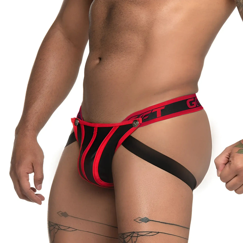 Red and black striped gigo fetiche red jockstrap g-string with bold modern design shown from the back side