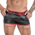 Black patent leather gigo fetiche red short with red trim and matching elastic waistband featuring get logo
