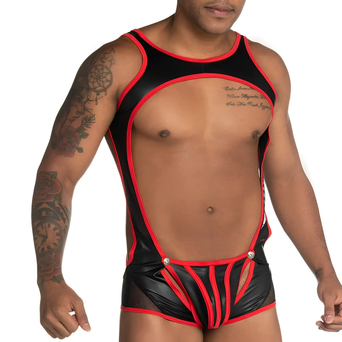 Black and red latex bodysuit with mesh panels from gigo fetiche red singlet collection shown from front view