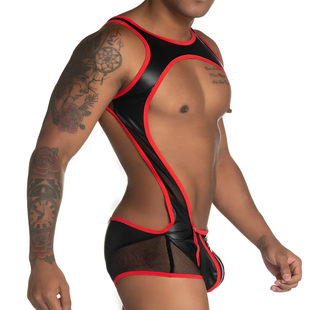 Black and red gigo fetiche singlet latex bodysuit with mesh panels and front zipper detail
