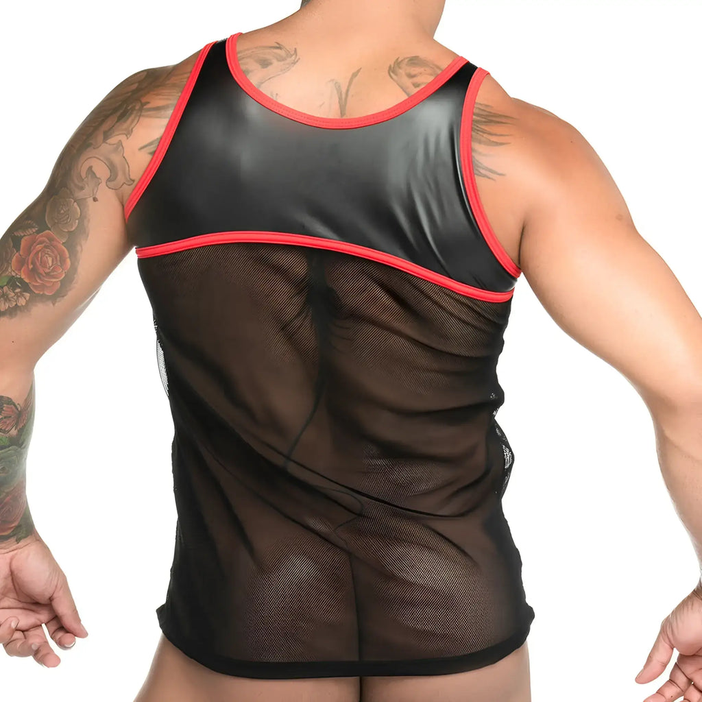 Black mesh tank top with red trim and a shiny opaque black chest panel from Gigo Fetiche Red Tank collection