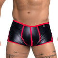 Black shiny latex briefs with bold red trim and a silver button on the waistband gigo fetiche red trunk