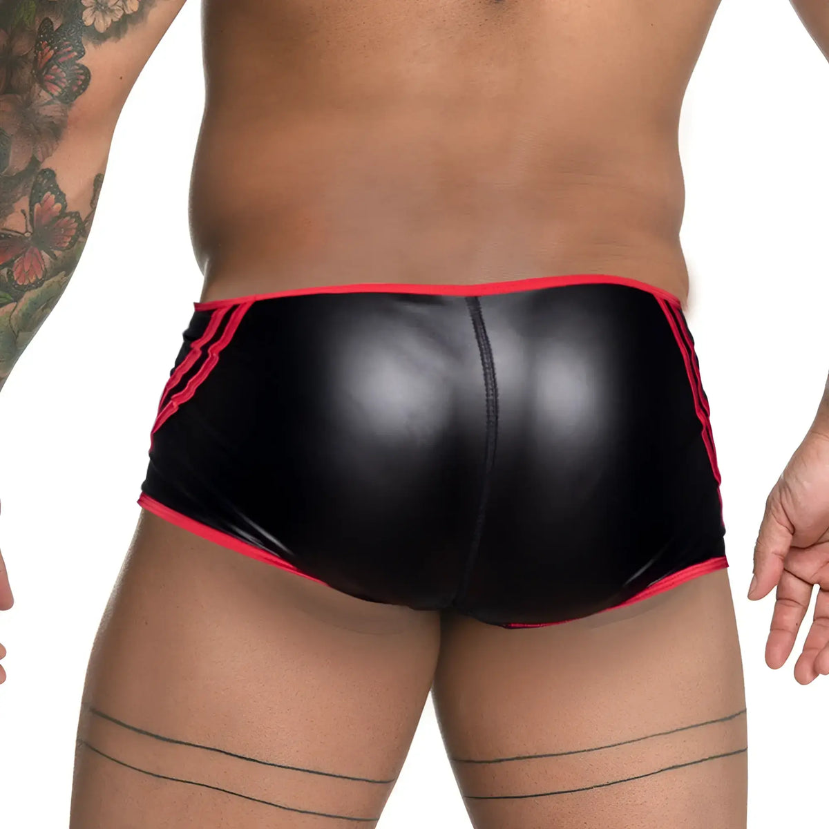 Black shiny faux leather briefs with bold red trim on waistband and legs gigo fetiche red trunk product