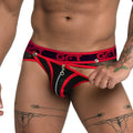 Black and red mesh Gigo Fetiche zipper brief jockstrap with silver zipper and get branding on waistband