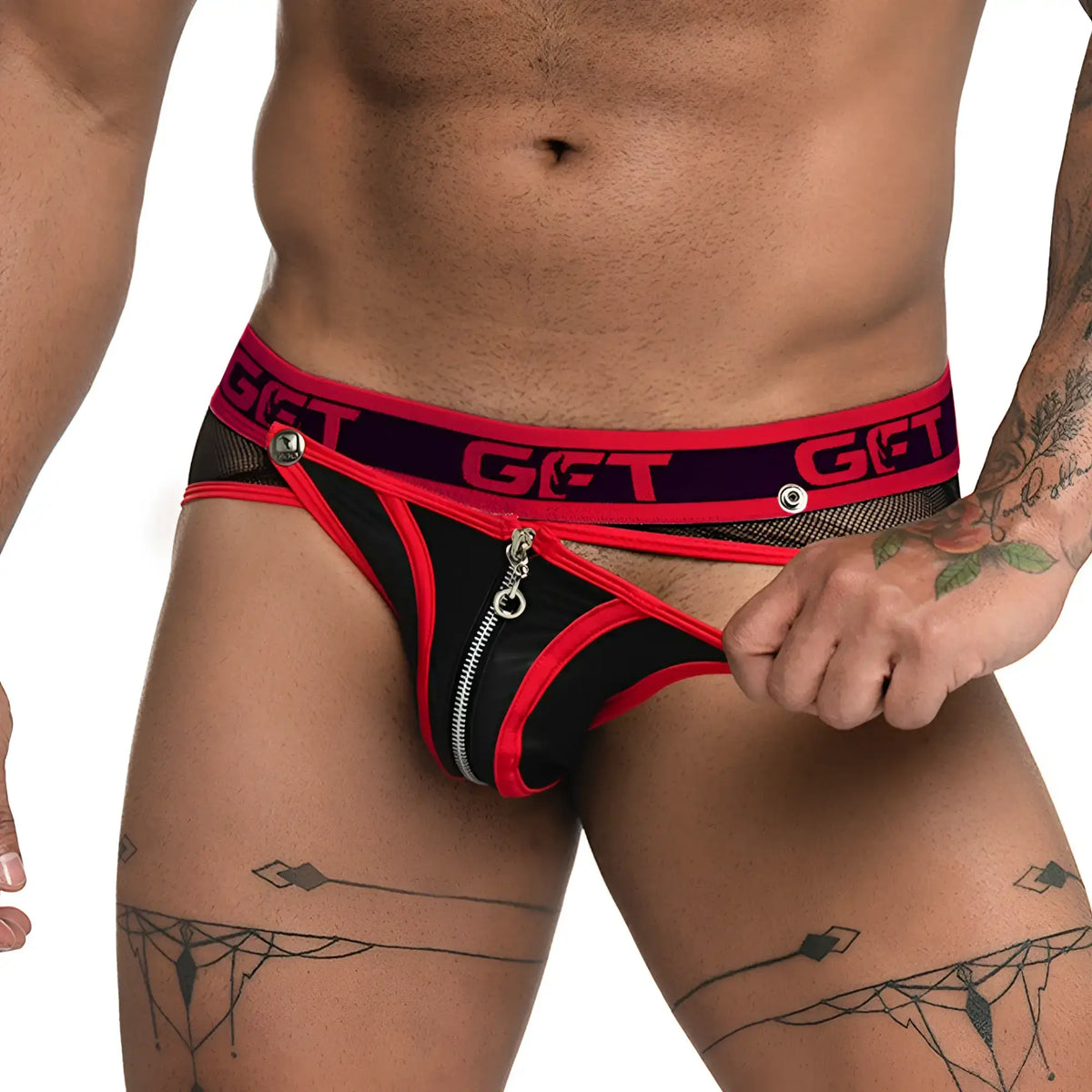 Black and red mesh Gigo Fetiche zipper brief jockstrap with silver zipper and get branding on waistband