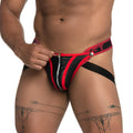 Black and red leather-like Gigo Fetiche zipper jockstrap briefs with silver front zipper and branded waistband