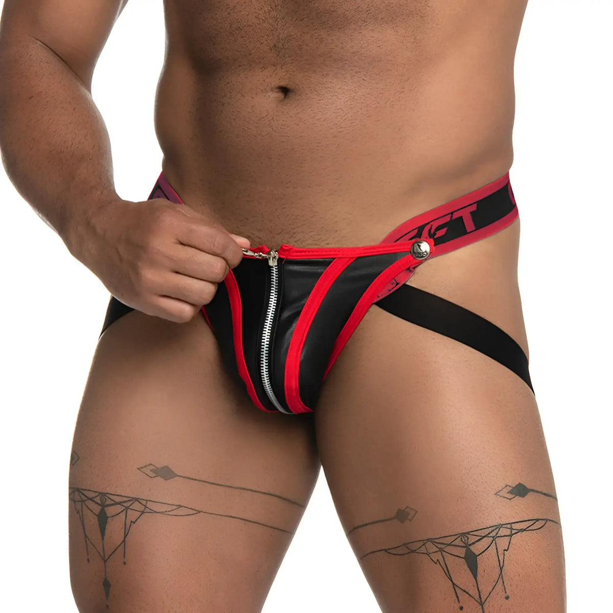 Black and red leather-like Gigo Fetiche zipper jockstrap briefs with silver front zipper and branded waistband