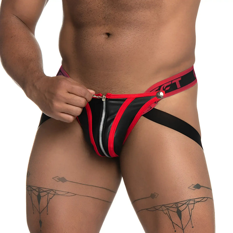 Black and red leather-like Gigo Fetiche zipper jockstrap briefs with silver front zipper and branded waistband
